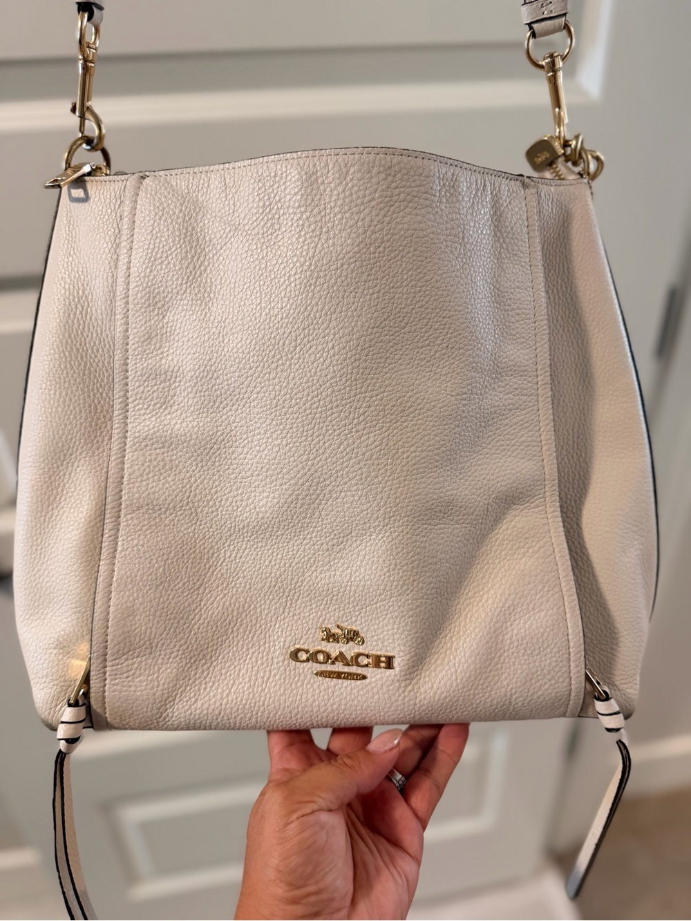 Large Coach Pebbled Leather Shoulder Bag in Cream